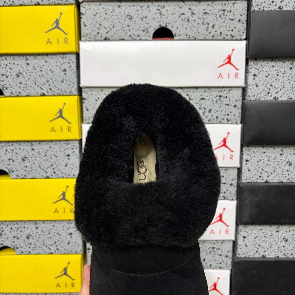 UGG Tazz Platform Slip-On Slipper – Suede Moccasin with Tonal Black Shearling Cuff & All-Black Platform Sole in Black