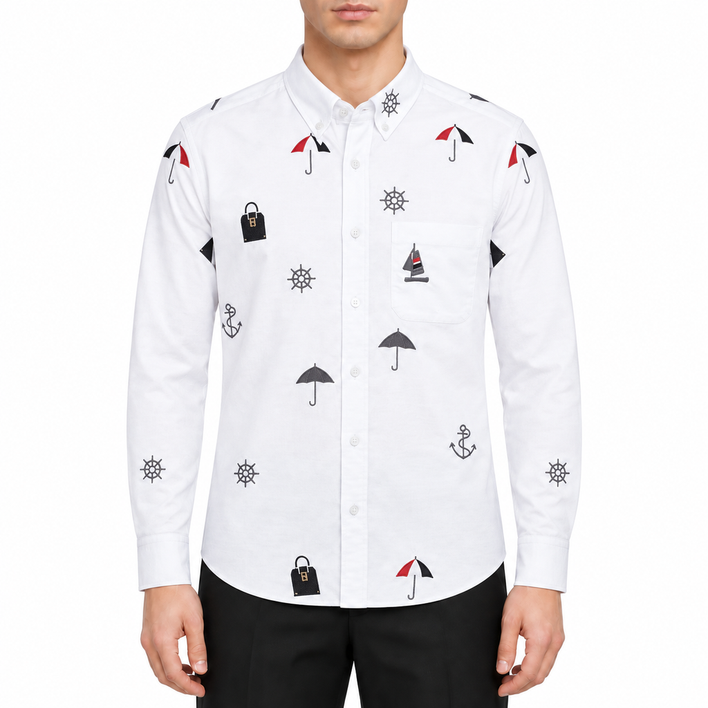 Men's Nautical Print Long-Sleeve Shirt — White & Blue | Thom Browne