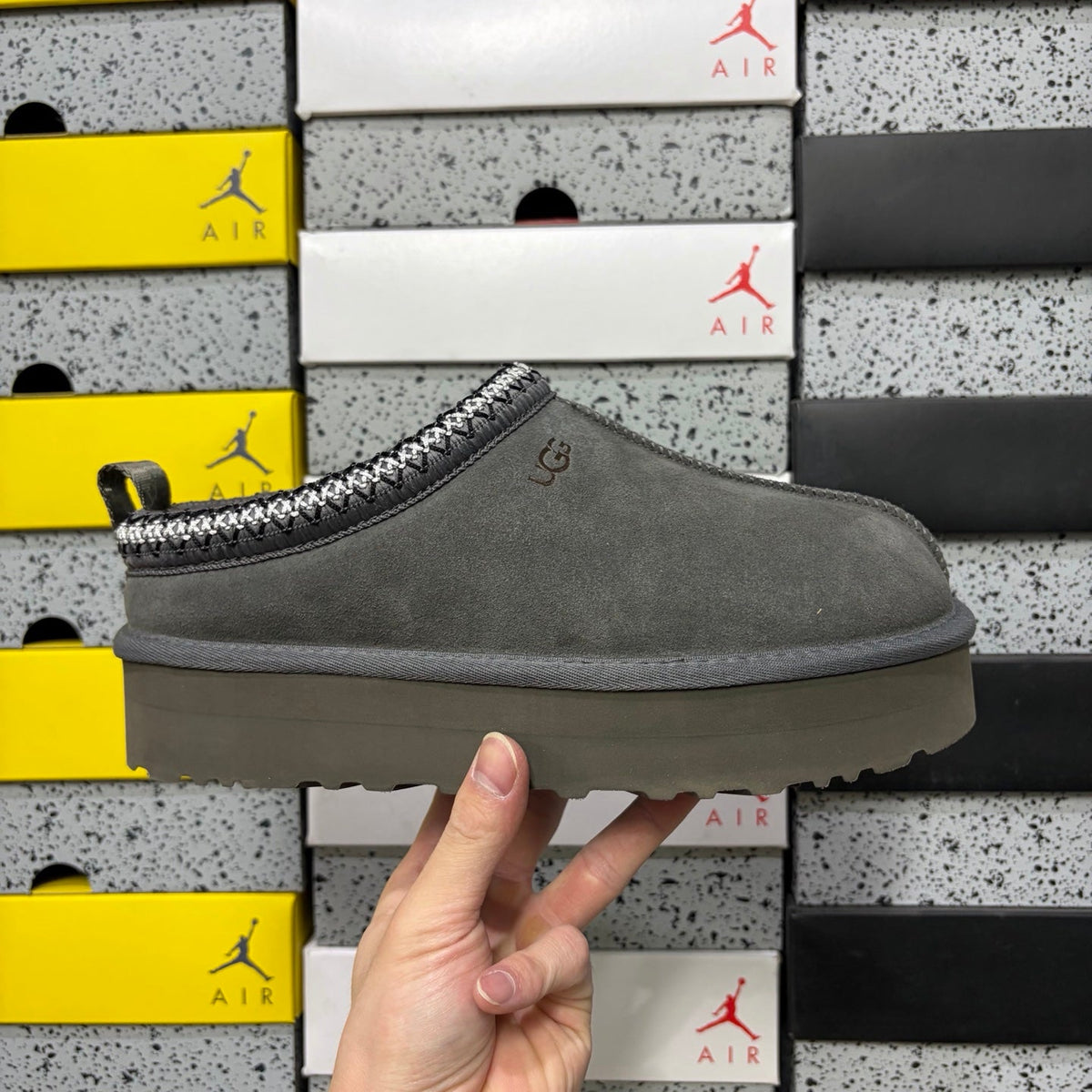 UGG Tazz Platform Slipper – Suede Mule with Shearling Lining, Tonal Grey Braided Collar Trim & Chunky Monochromatic Platform Sole in Grey