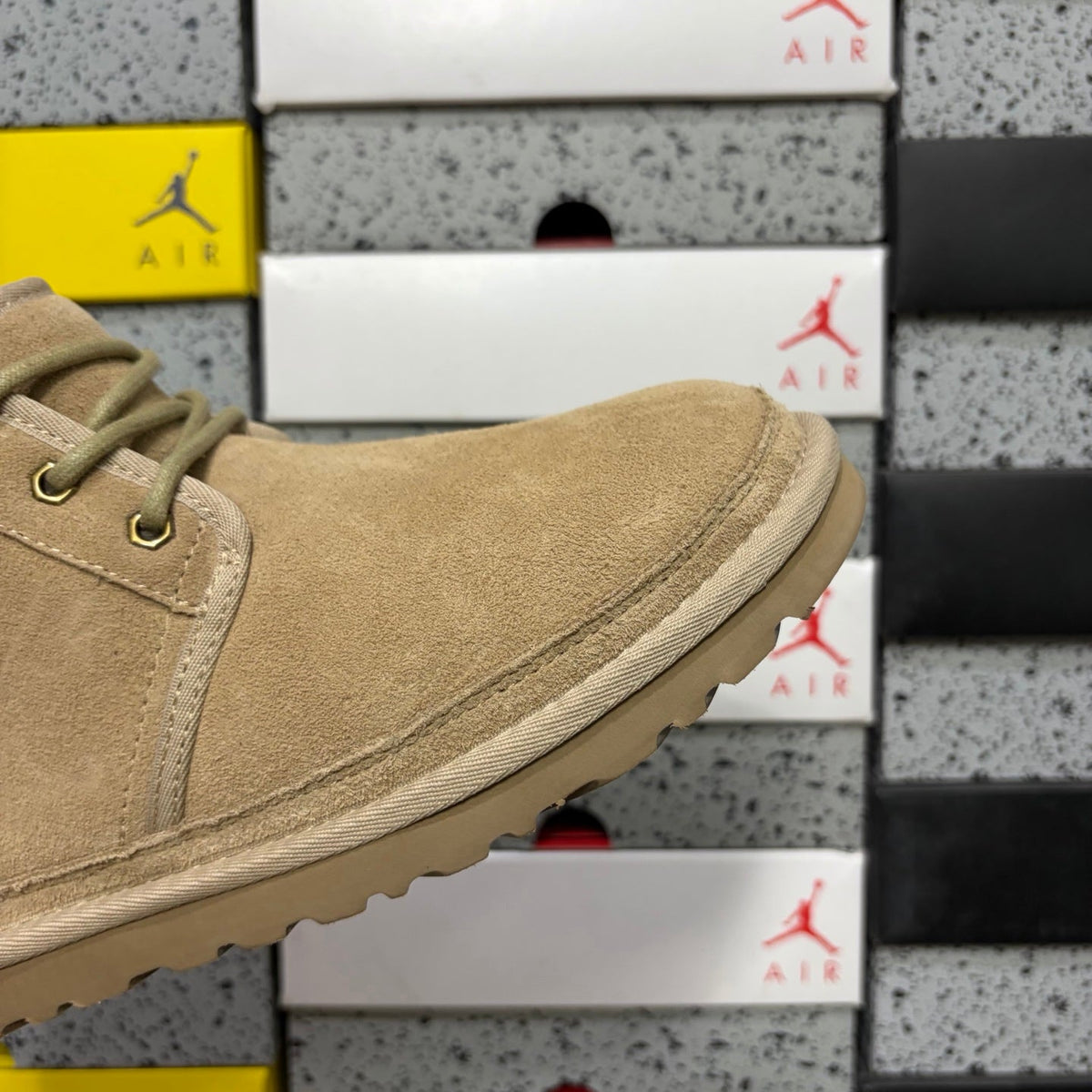 UGG Lace-Up Suede Ankle Boot with Gold Eyelet Hardware, Blue Pull Tab & Chunky Lug Sole in Sand