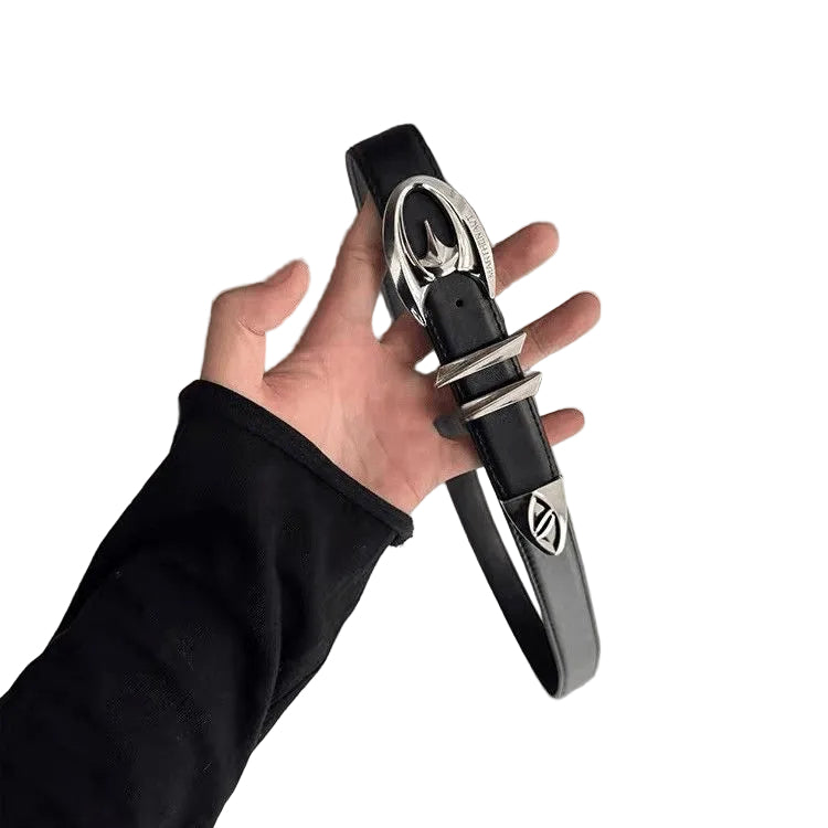 Futuristic Logo Leather Belt Silver Metal Buckle Unisex Waist Belt