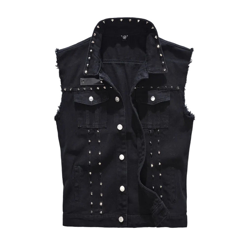 Studded Biker Distressed Raw-Edge Denim Vest Unisex