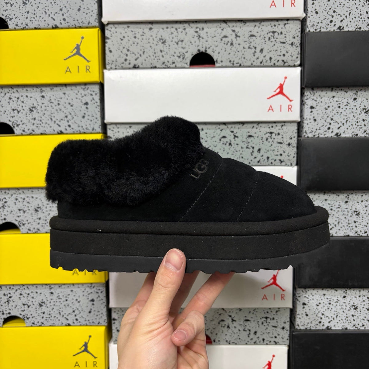 UGG Tazz Platform Slip-On Slipper – Suede Moccasin with Tonal Black Shearling Cuff & All-Black Platform Sole in Black