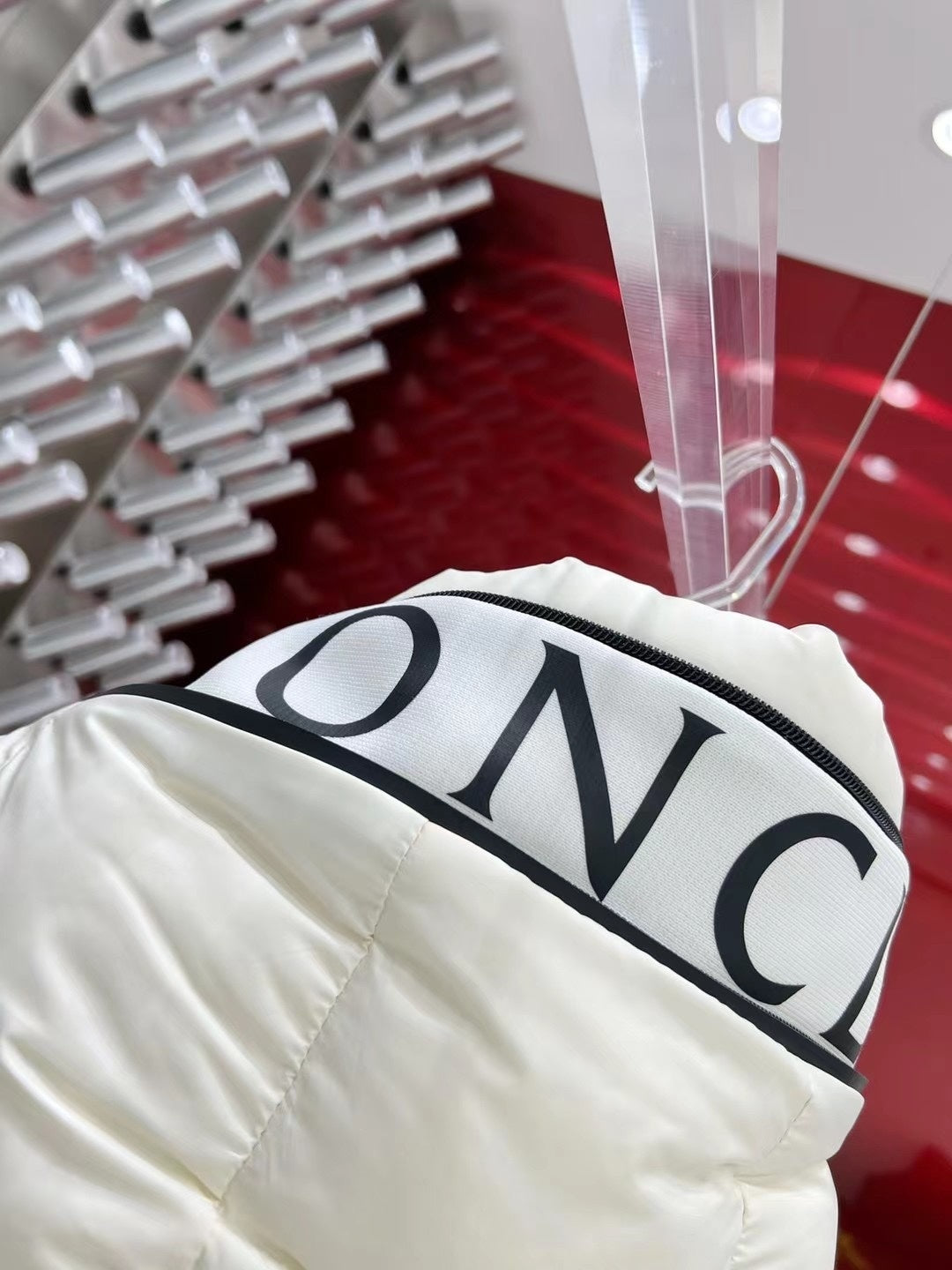 Moncler Hooded Puffer Vest in White with Black Trim