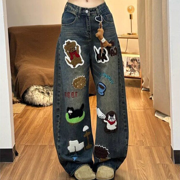 Vintage Cartoon Towel Embroidery Baggy Wide Leg Washed Denim Jeans
