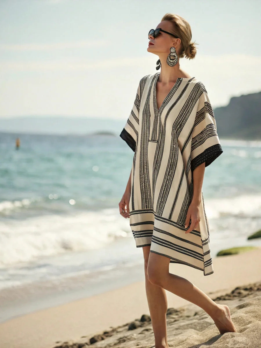 Women's Boho Geometric-Print V-Neck Asymmetric Kaftan Dress