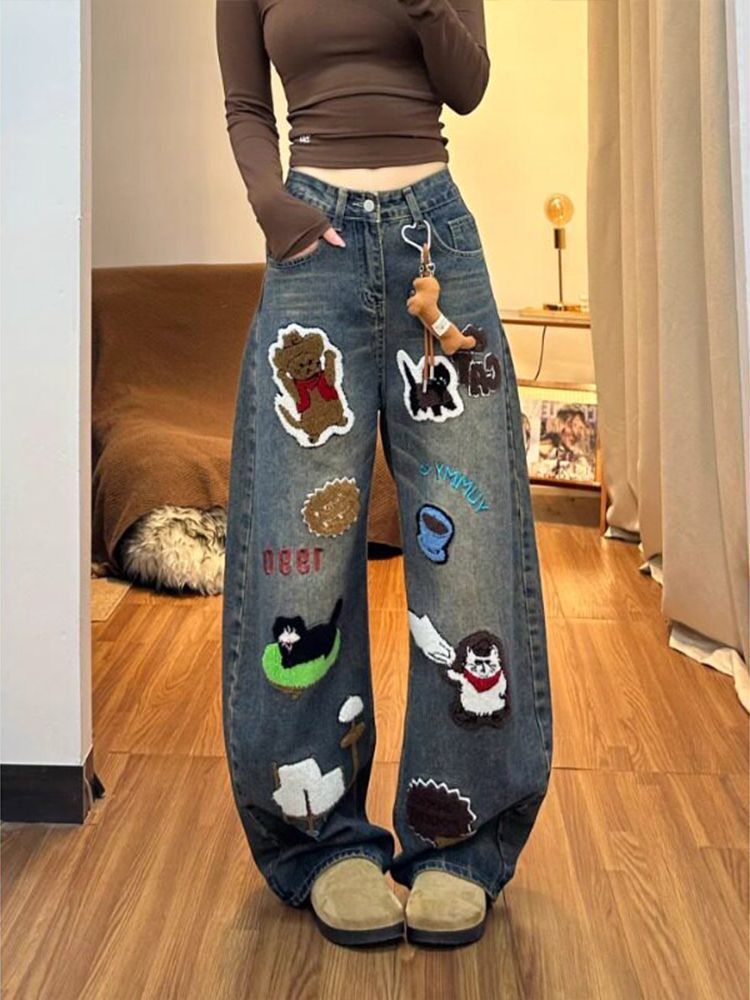 Vintage Cartoon Towel Embroidery Baggy Wide Leg Washed Denim Jeans