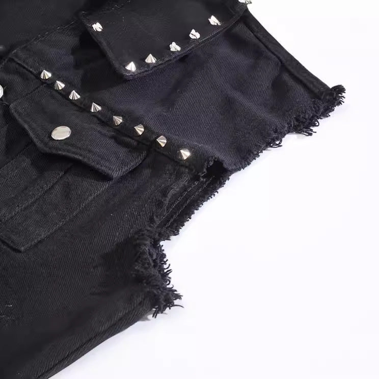 Studded Biker Distressed Raw-Edge Denim Vest Unisex