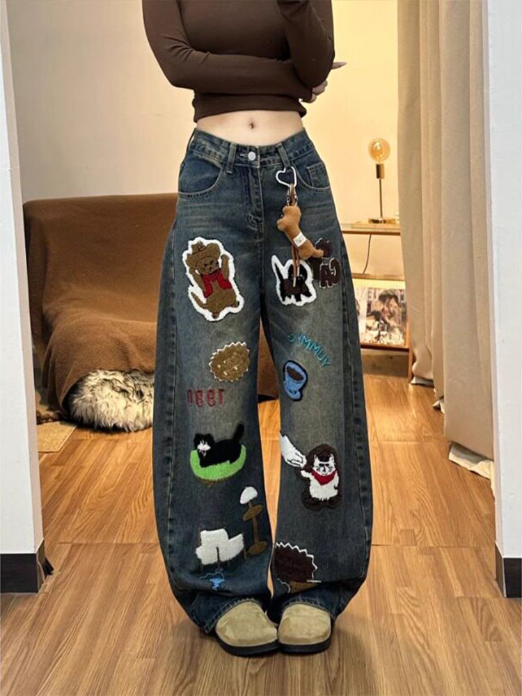 Vintage Cartoon Towel Embroidery Baggy Wide Leg Washed Denim Jeans
