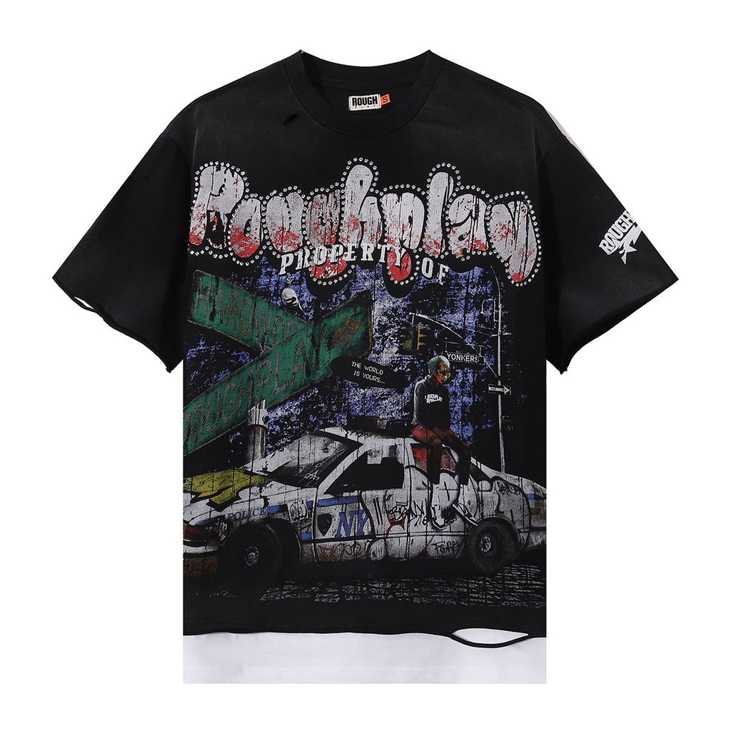 Rough Play Pink Police Car Rhinestone Short-Sleeve T-Shirt