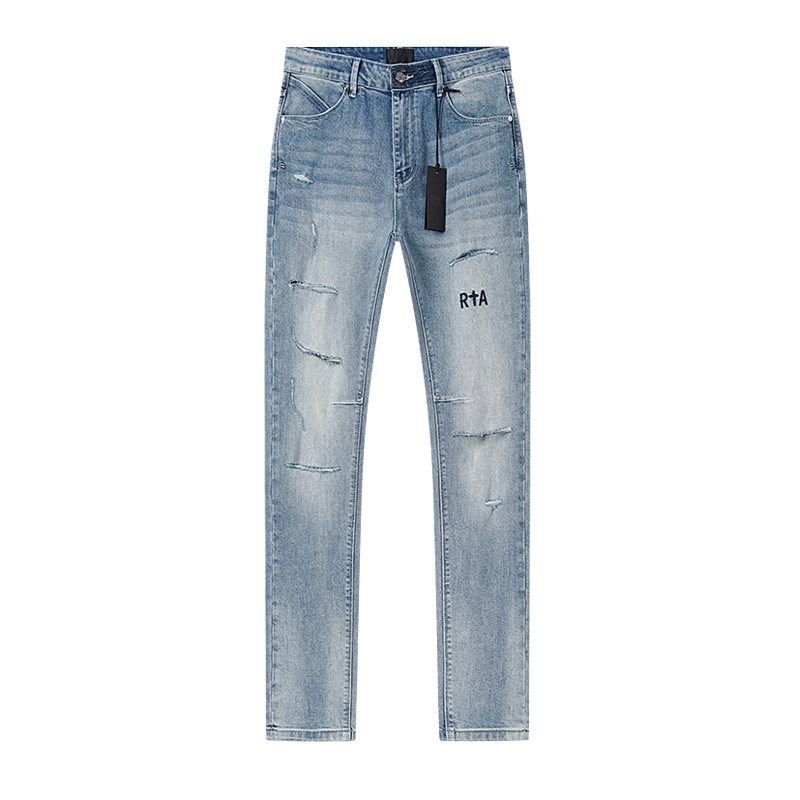 R+A Light Blue Distressed Straight-Leg Jeans
