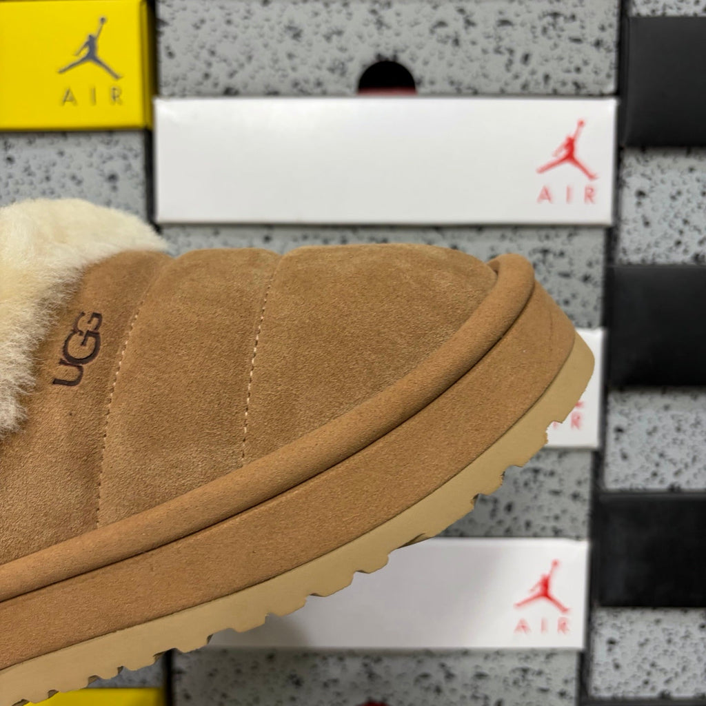 UGG Tazz Platform Slip-On Slipper – Suede Moccasin with Oversized Shearling Cuff & Platform Sole in Chestnut