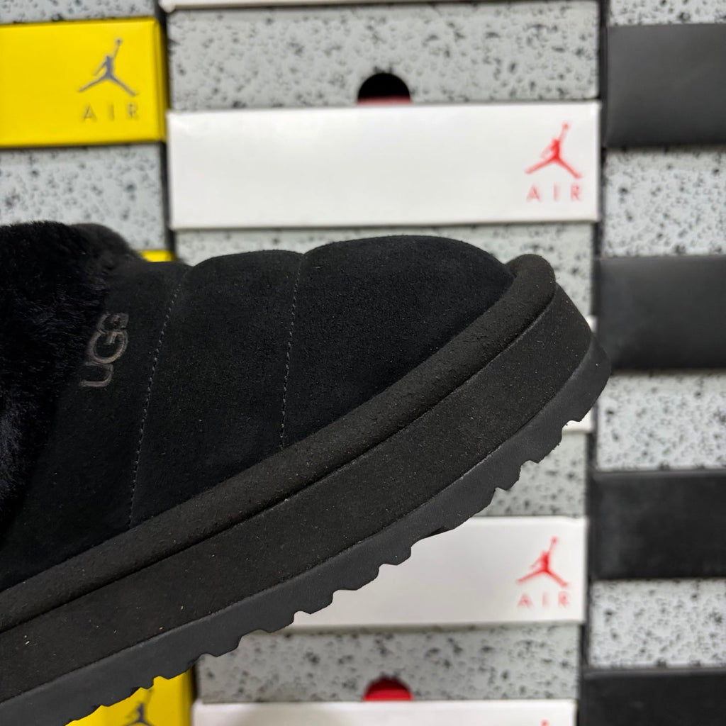 UGG Tazz Platform Slip-On Slipper – Suede Moccasin with Tonal Black Shearling Cuff & All-Black Platform Sole in Black
