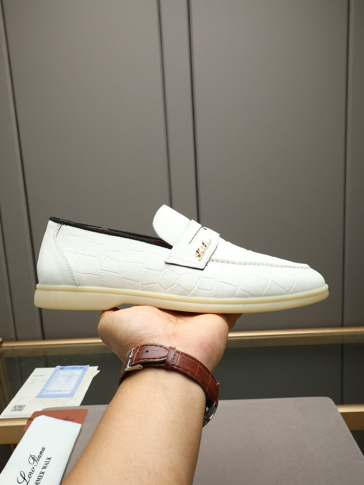 Loro Piana Men's White Textured Loafers
