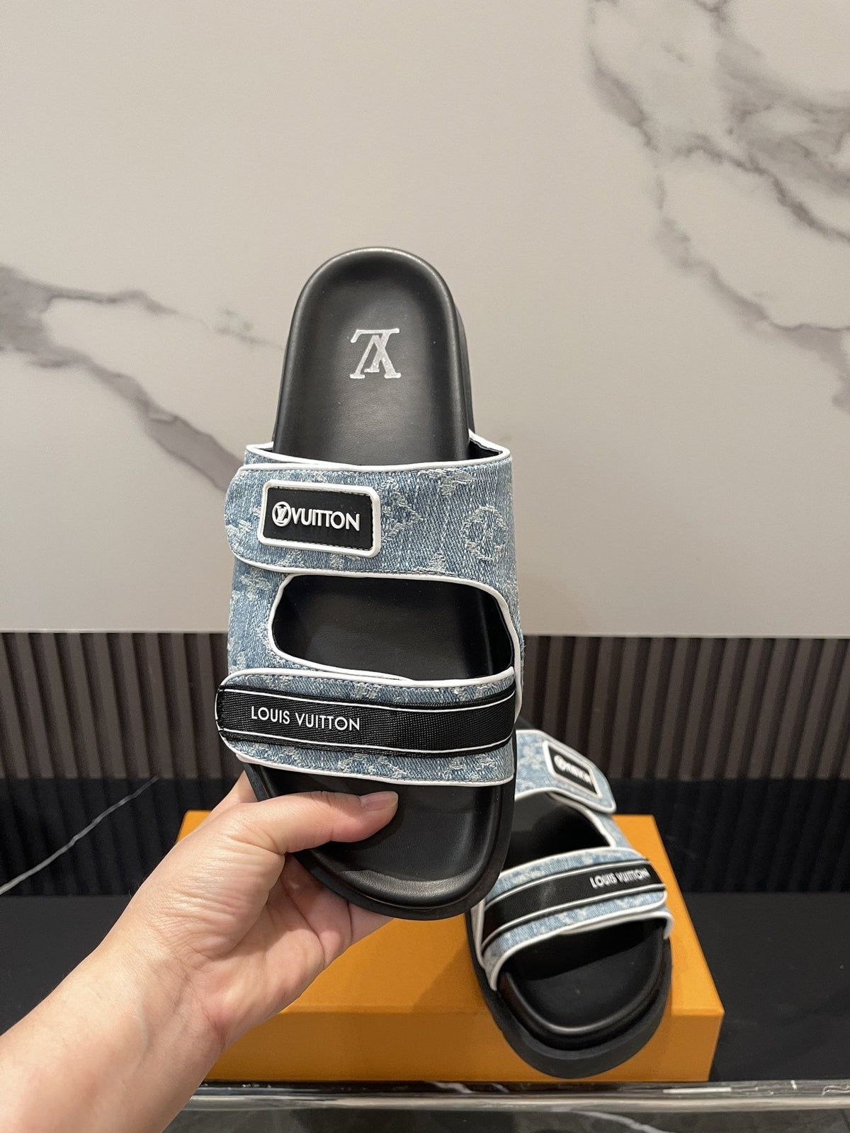 Louis Vuitton Light Blue-Gray Double-Strap Slide Sandals