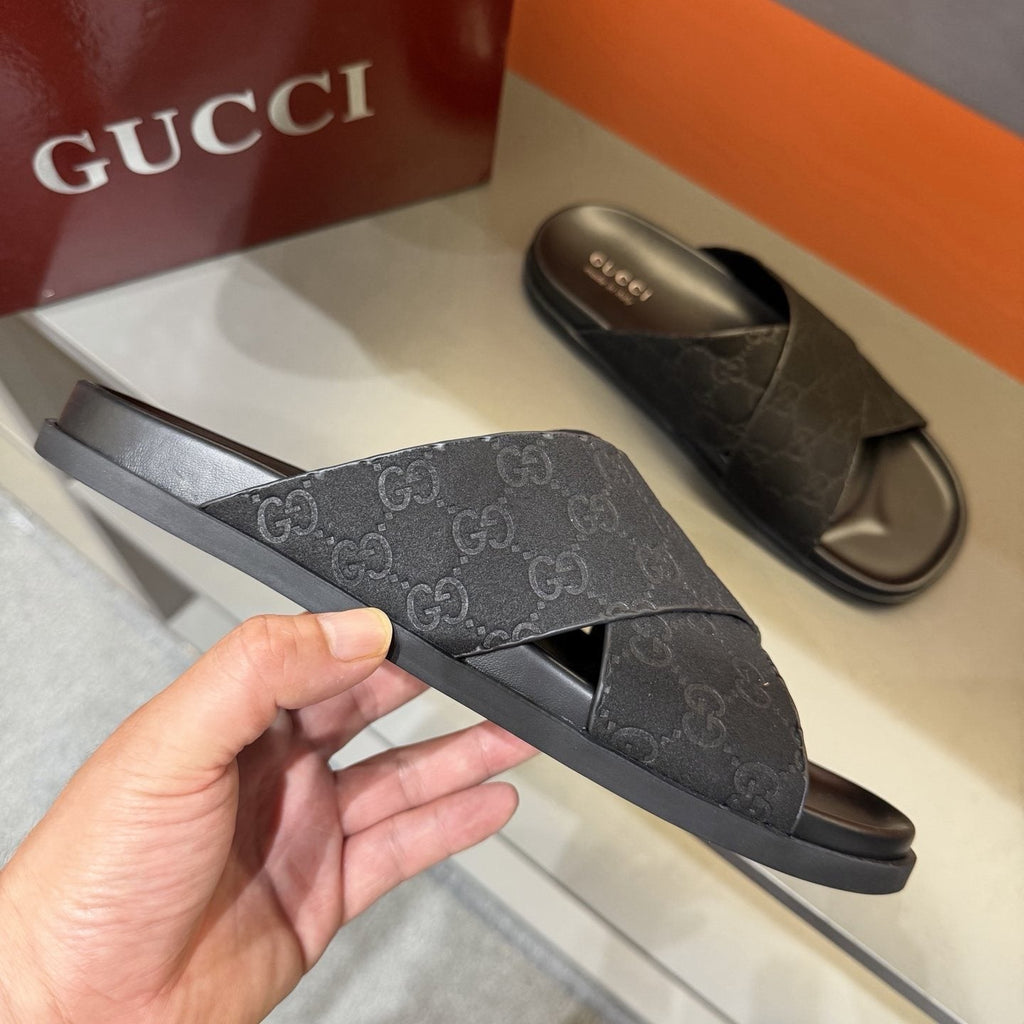 Gucci Men's Black Crisscross Strap Slide Sandals