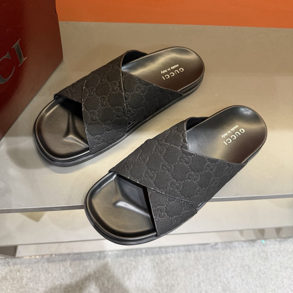 Gucci Men's Black Crisscross Strap Slide Sandals