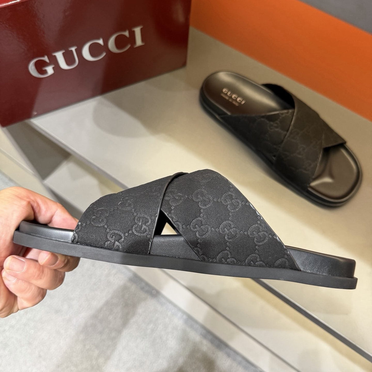 Gucci Men's Black Crisscross Strap Slide Sandals
