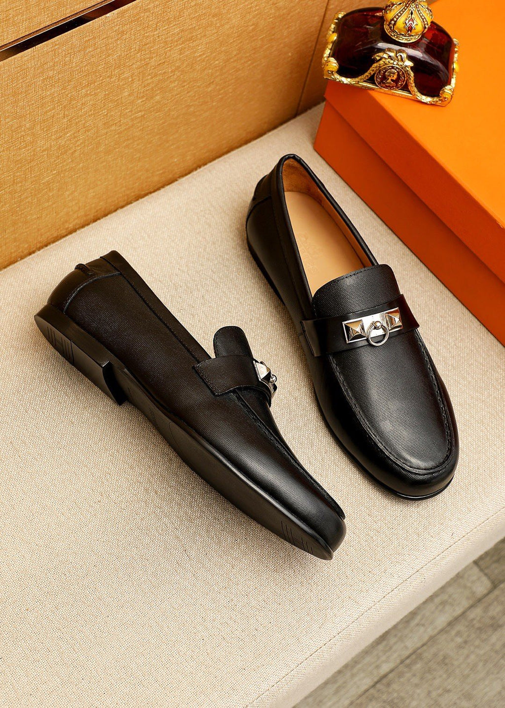Hermes Black Leather Hardware Loafers