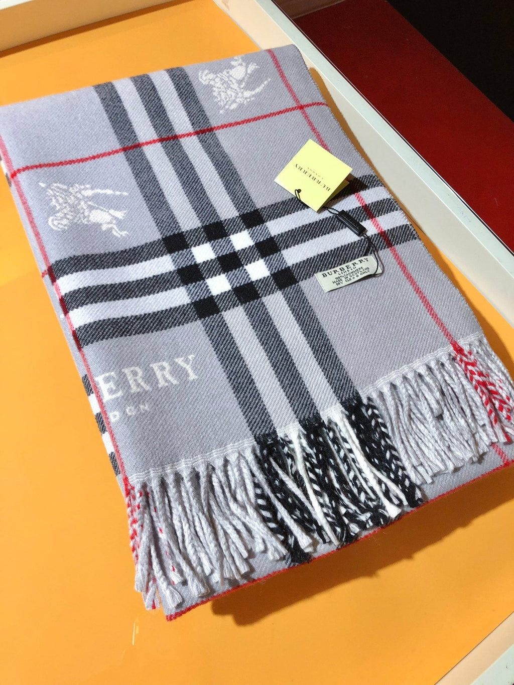 Burberry Embroidered Plaid Fringe Scarf