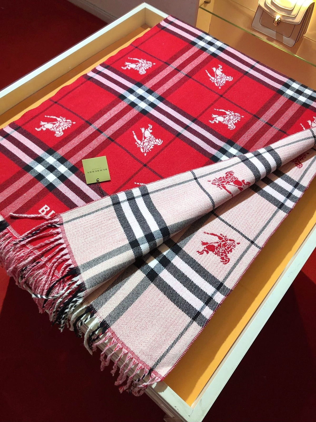 Burberry Embroidered Plaid Fringe Scarf
