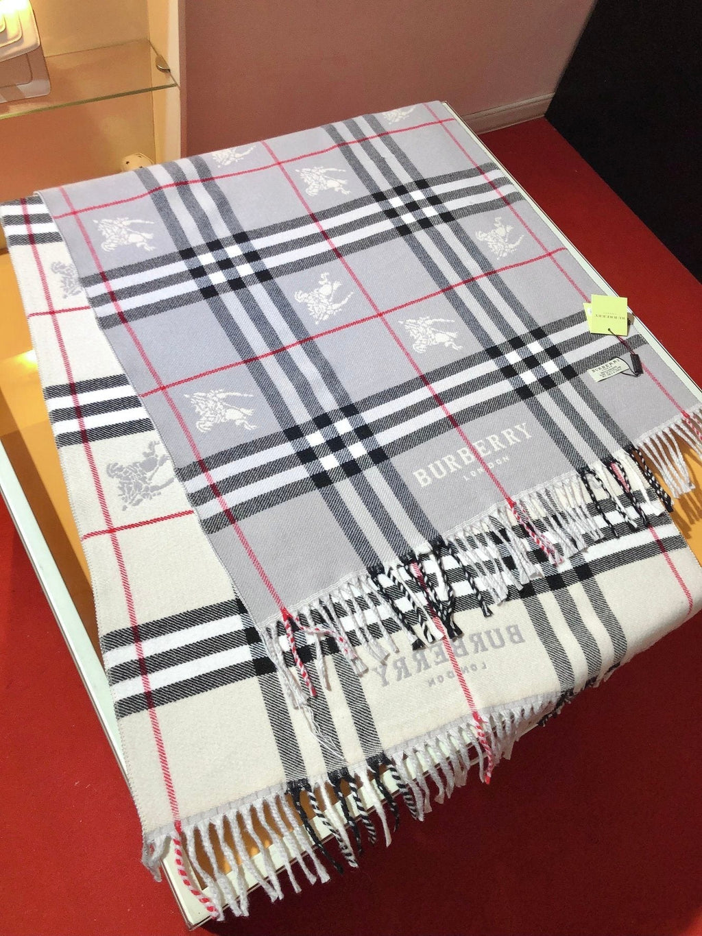 Burberry Embroidered Plaid Fringe Scarf