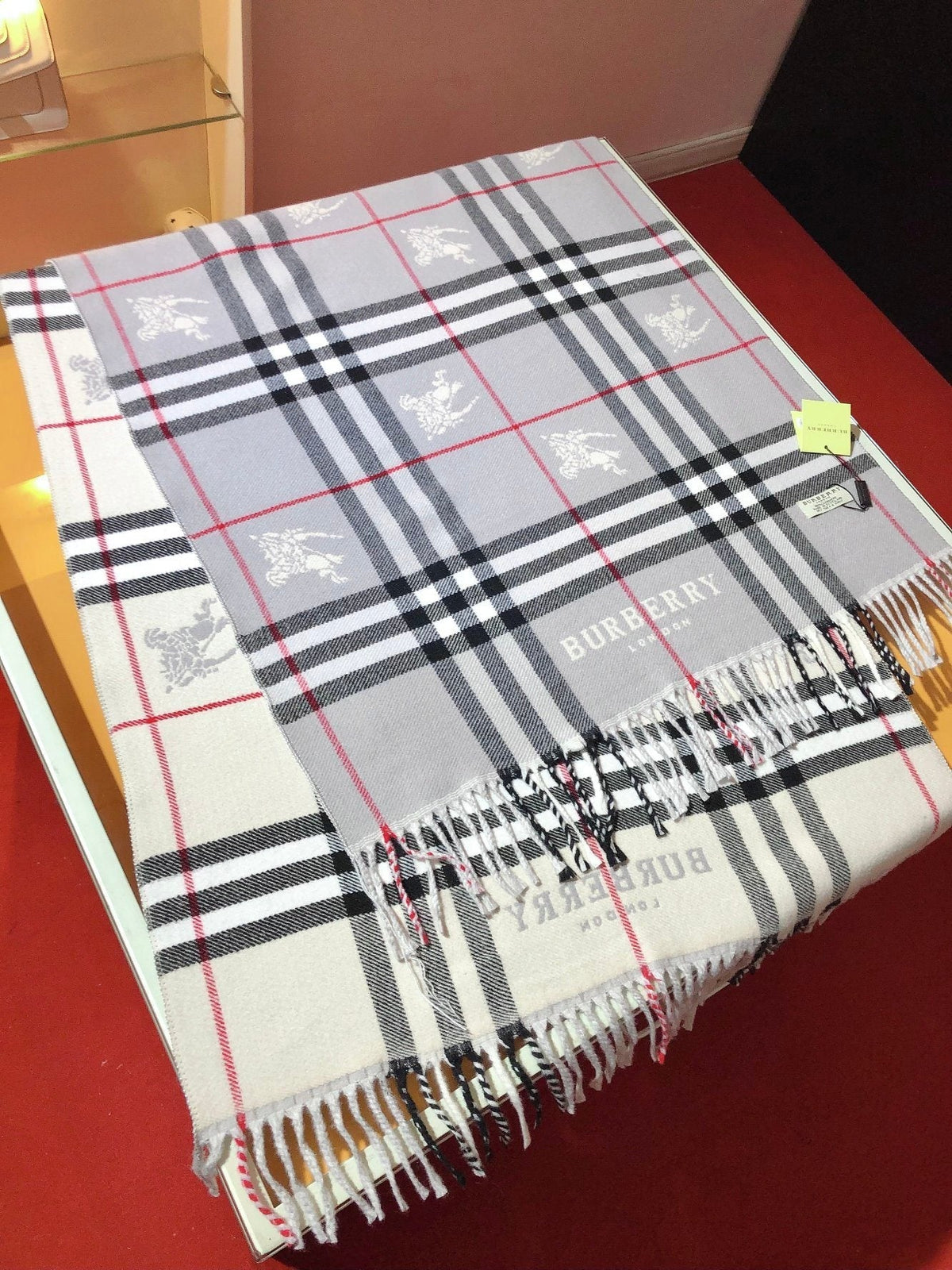 Burberry Embroidered Plaid Fringe Scarf