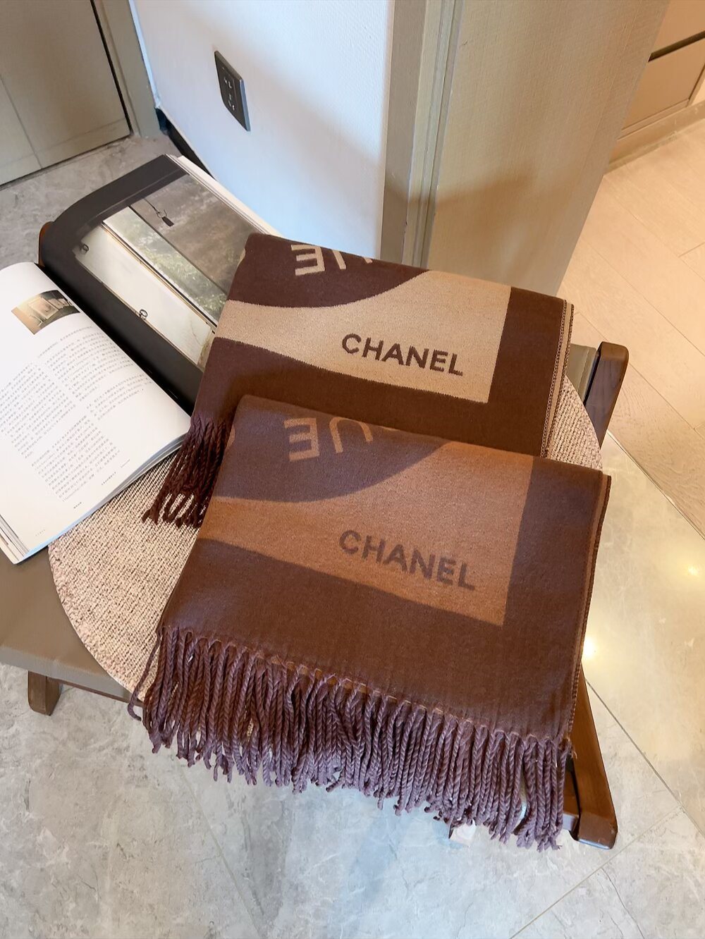 Chanel Brown Beige Fringed Scarf