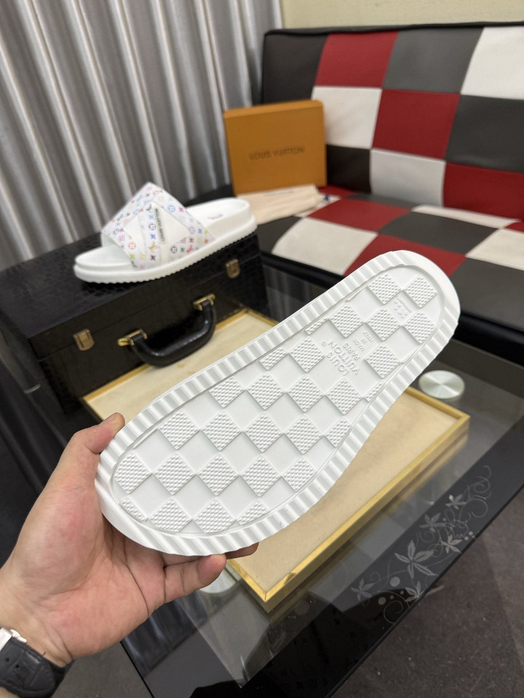 Louis Vuitton White Monogram Print Slide Sandals