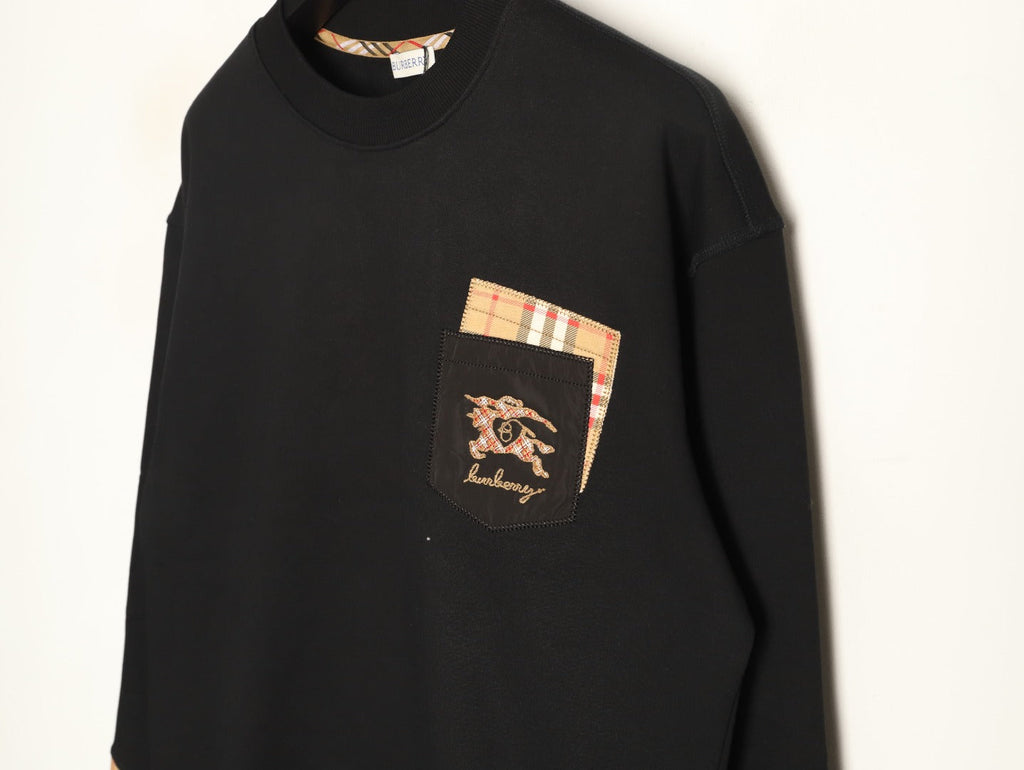 Burberry Black Check-Trim Embroidered Pocket Crewneck Sweatshirt