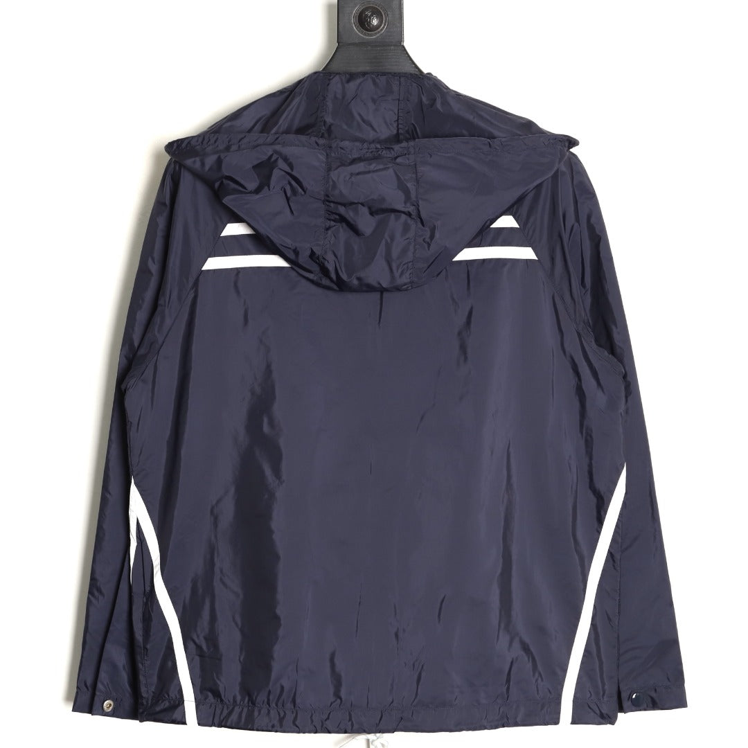 Prada Logo-Detail Contrast-Stripe Hooded Zip Jacket - Navy
