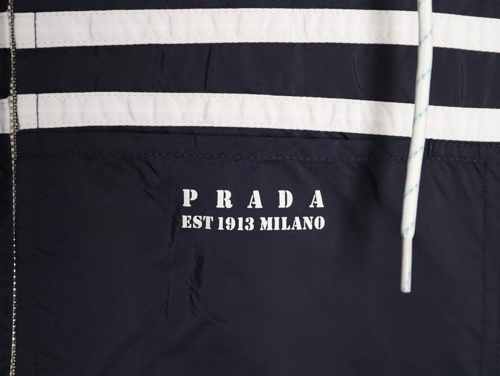 Prada Logo-Detail Contrast-Stripe Hooded Zip Jacket - Navy